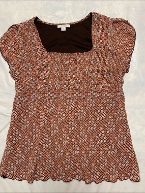 Dress Barn Vintage Y2K Brown Print Babydoll Lettuce Trim Tie Back Top 2XL